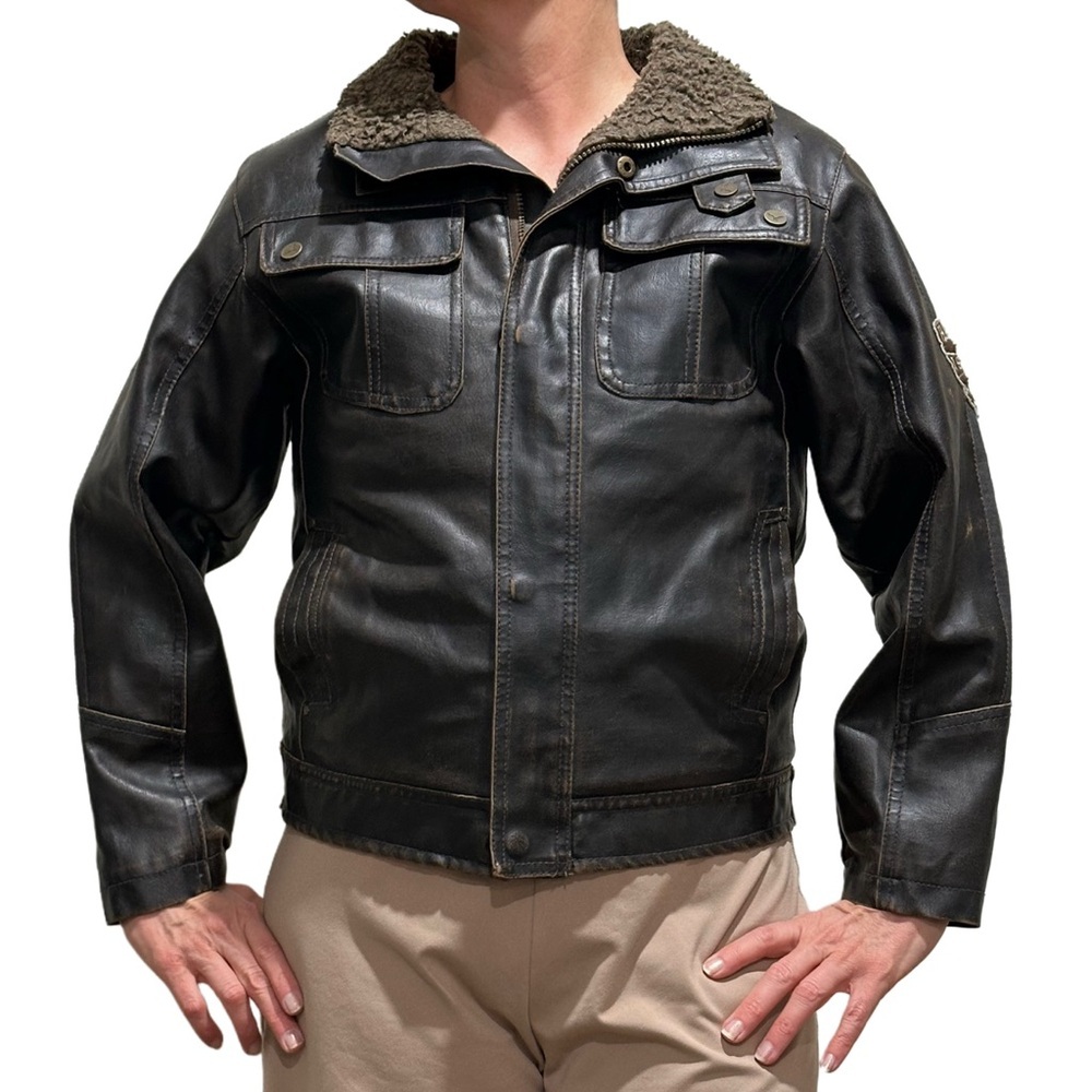 KIDS OR LADY Black Brown Faux Leather Field Jacket Sherpa Collar bomber 10-12